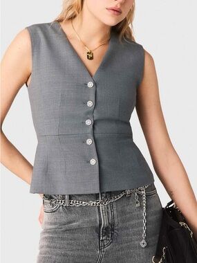 Sleeveless V-Neck Button Front Gray Top